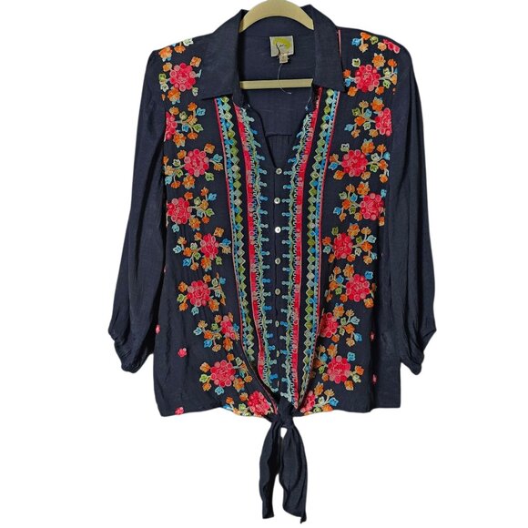 Fig and Flower Womens Blue Floral Embroidered Front Tie Button Up Crinkle Top L - Picture 1 of 9
